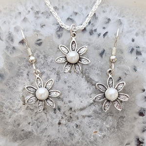 Flower Power Ensemble with Freshwater Pearls - Petite Pendant and Matching Earrings